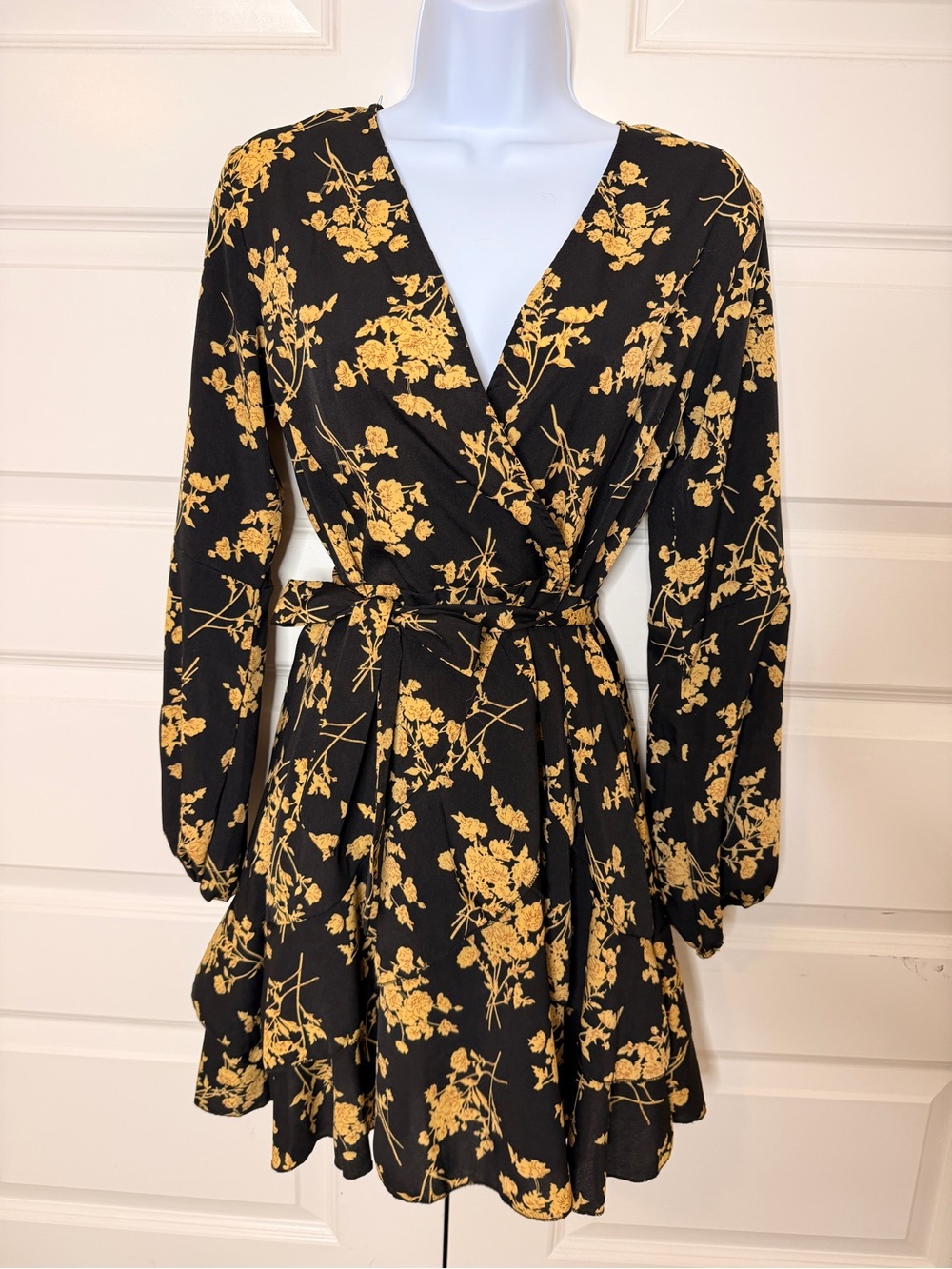 Floral Wrap Long-Sleeve Mini Dress in Black and Mustard